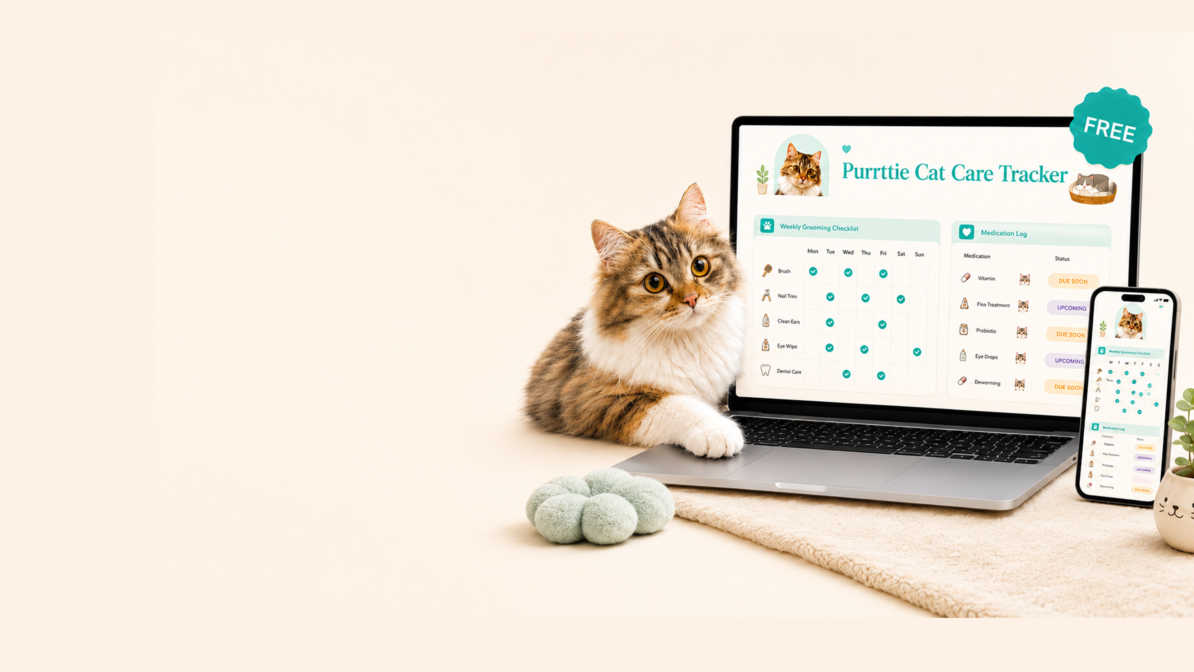 A fluffy brown-and-white cat sits beside an open laptop displaying a 'Purttie Cat Care Tracker' screen, with a smartphone showing a matching app interface and a small plush toy on a cream rug against a warm beige background.