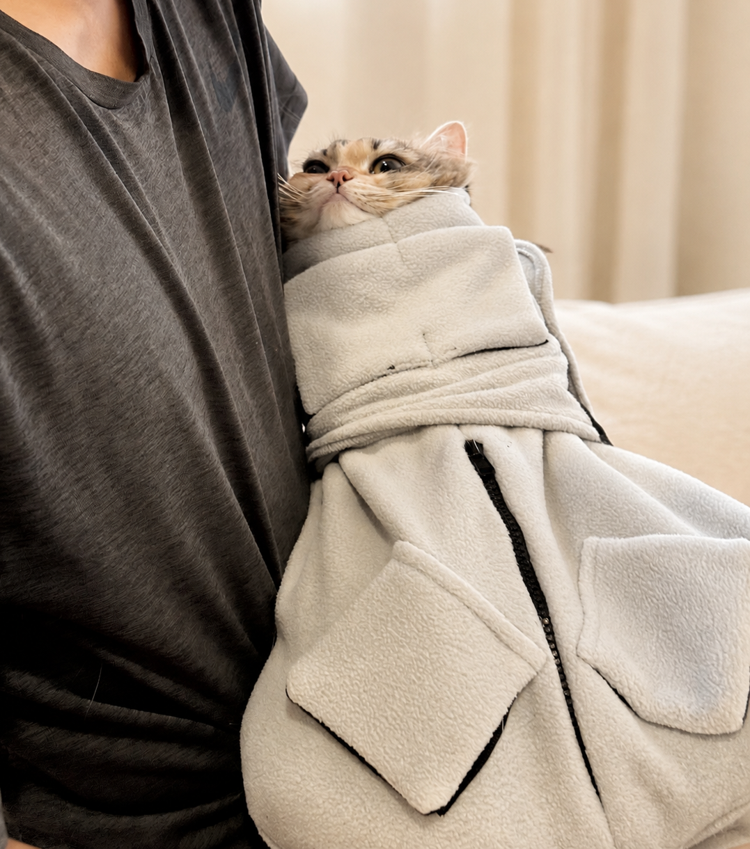 Cat wrapped in the Snug Pro Cat Wrap looking up at her owner calmly.