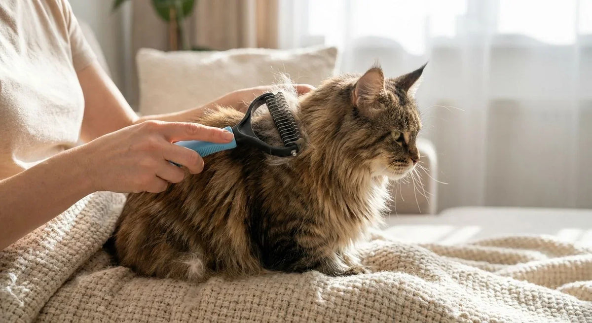 A person using a Purrttie grooming tool to brush a long-haired tabby cat.